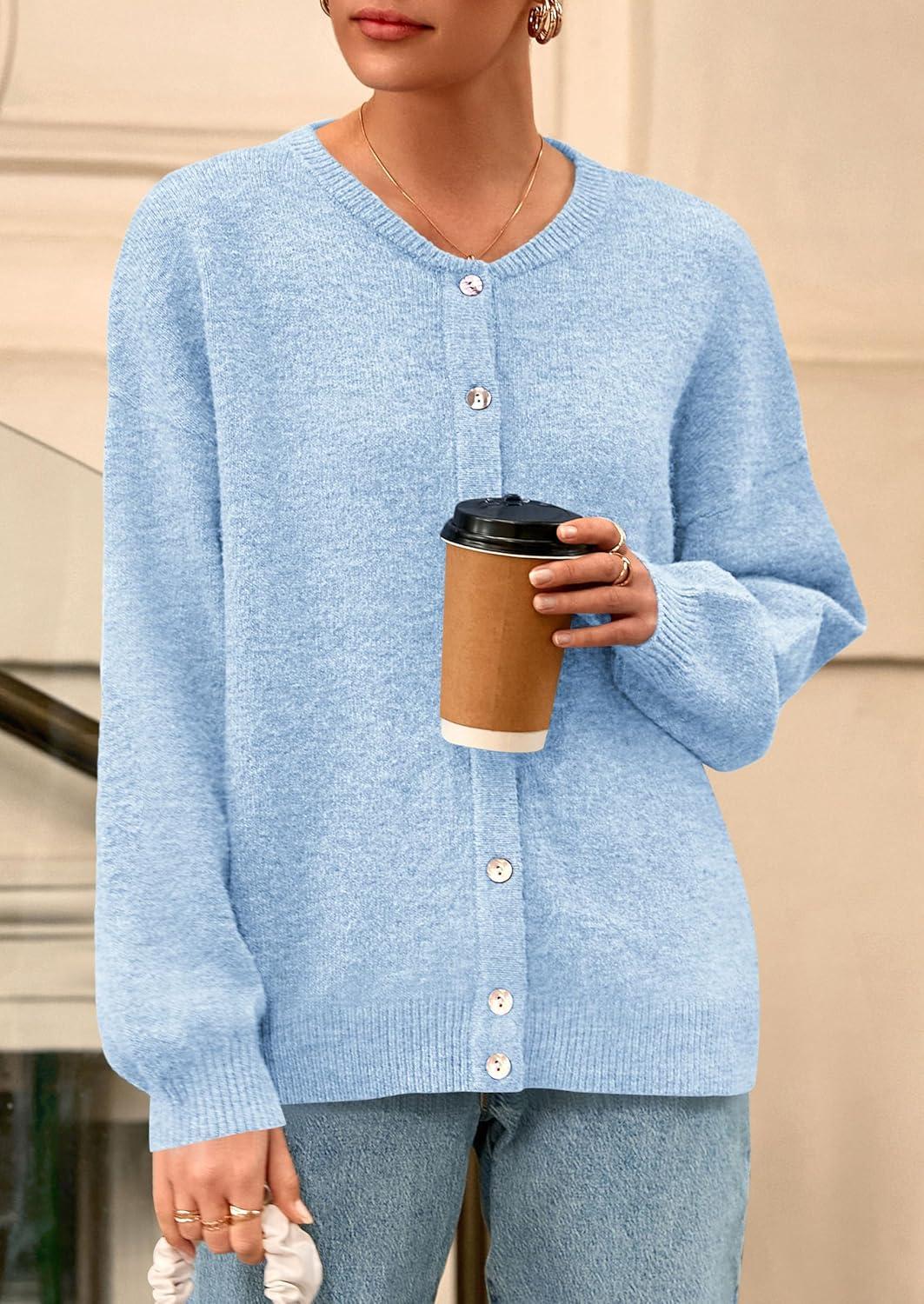 imagePRETTYGARDEN Fall Long Sleeve Cardigans for Women Trendy 2025 Lightweight Button Down Crewneck Loose Knit Sweater ClothesLight Blue