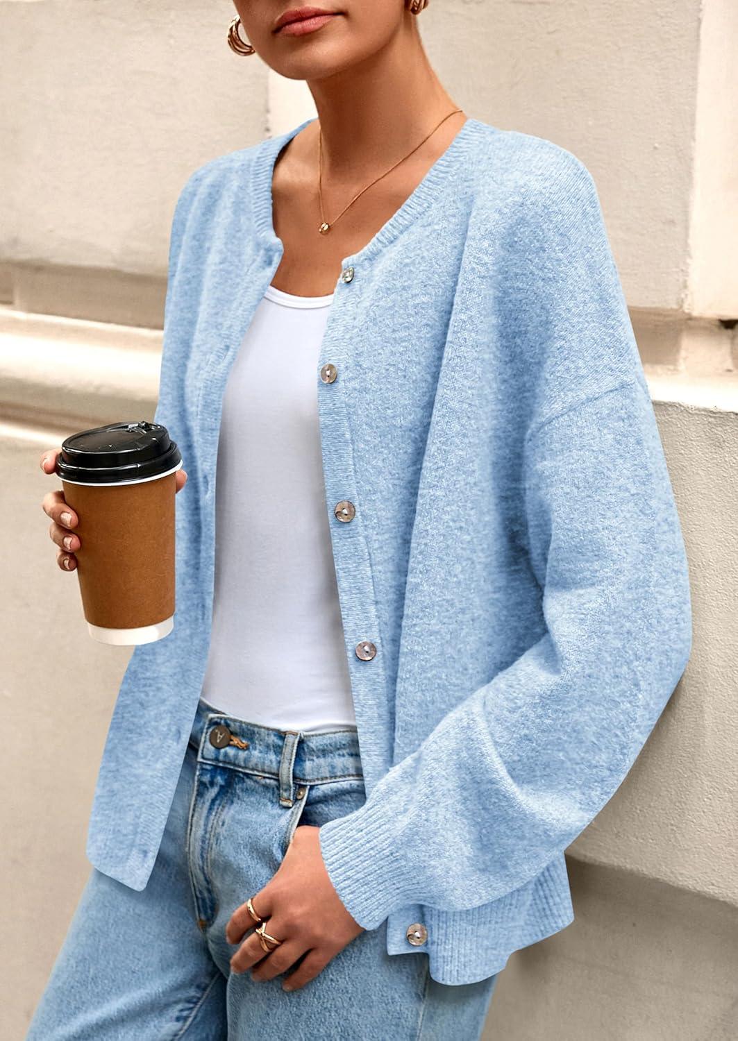 imagePRETTYGARDEN Fall Long Sleeve Cardigans for Women Trendy 2025 Lightweight Button Down Crewneck Loose Knit Sweater ClothesLight Blue