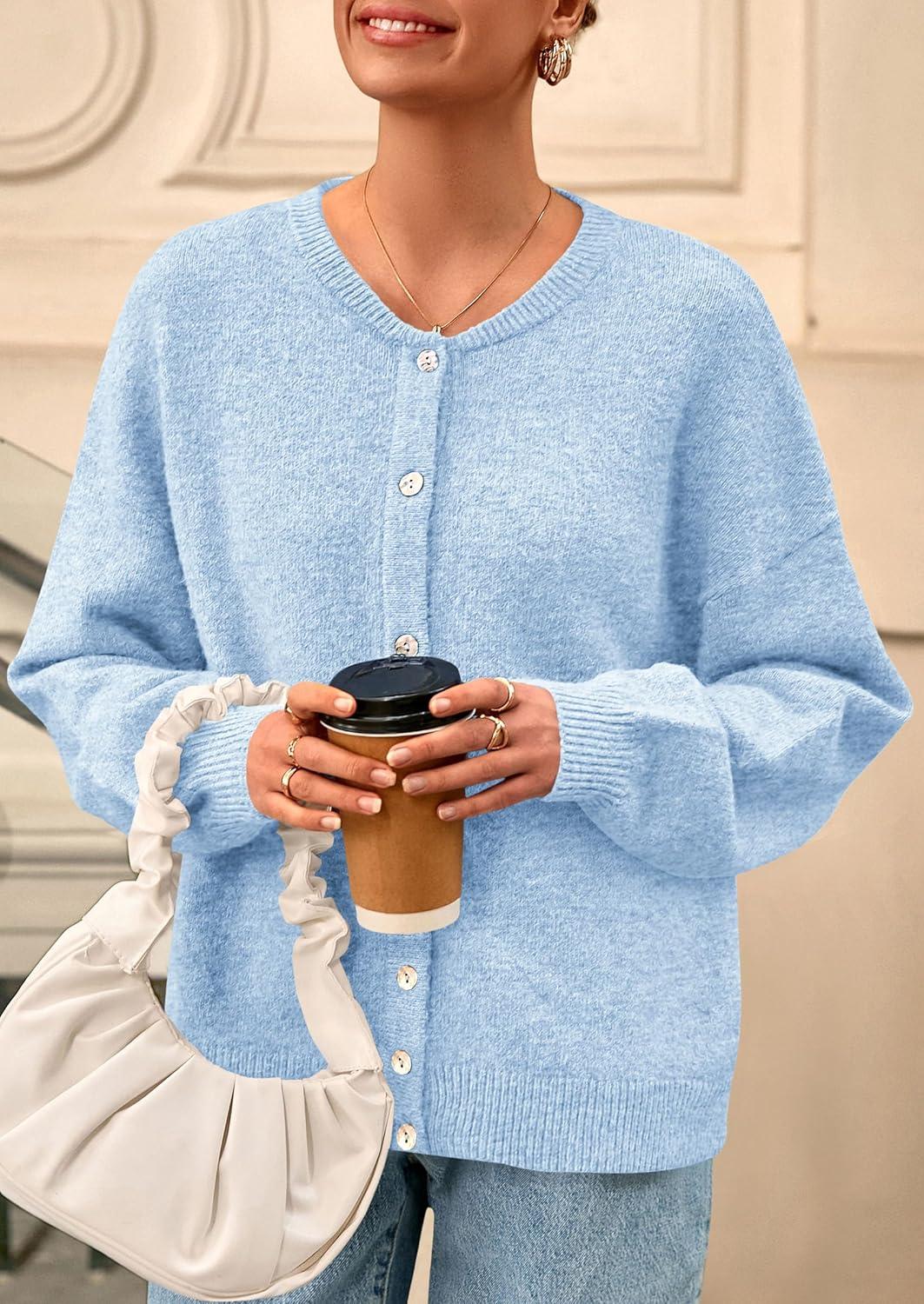 imagePRETTYGARDEN Fall Long Sleeve Cardigans for Women Trendy 2025 Lightweight Button Down Crewneck Loose Knit Sweater ClothesLight Blue