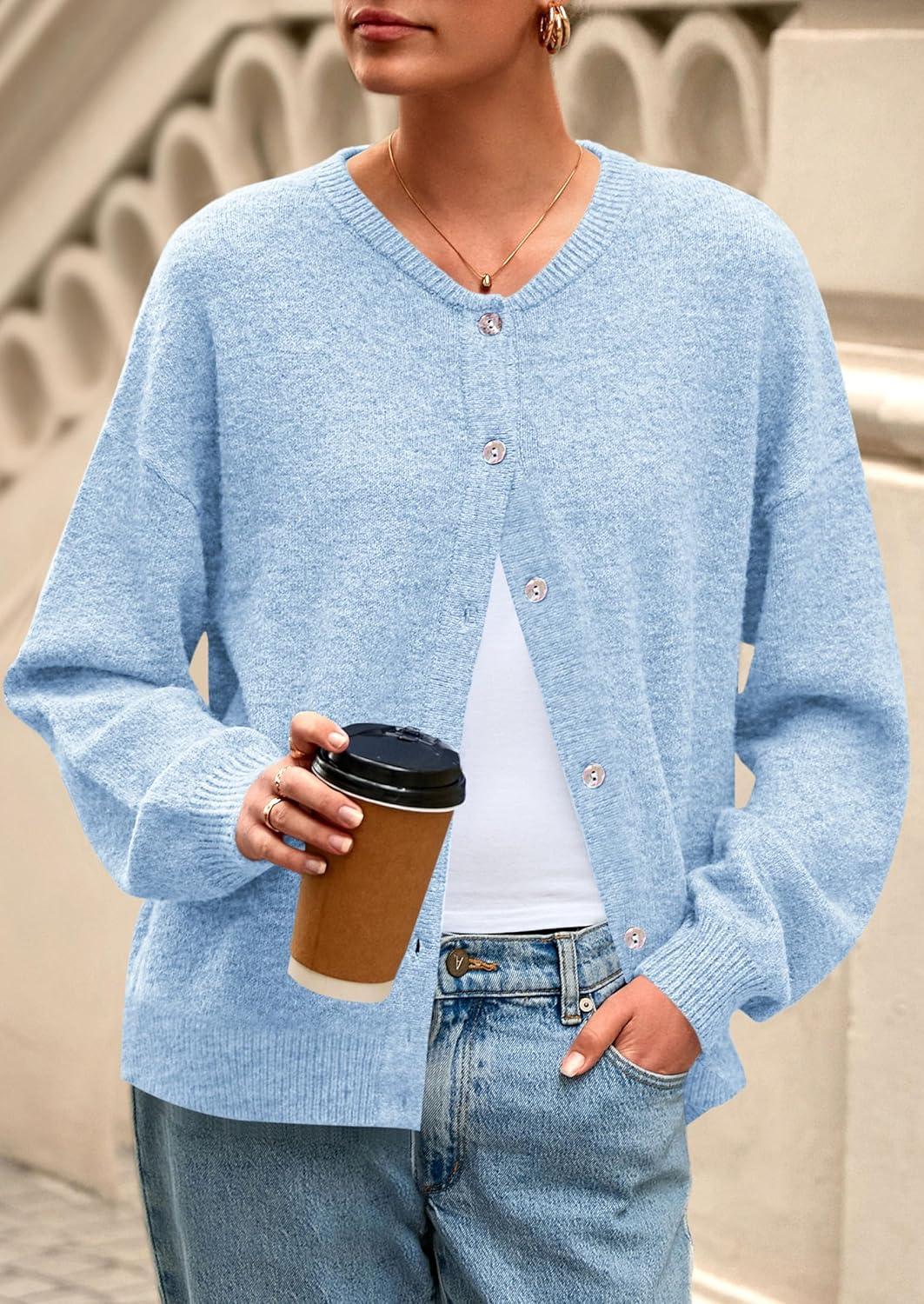 imagePRETTYGARDEN Fall Long Sleeve Cardigans for Women Trendy 2025 Lightweight Button Down Crewneck Loose Knit Sweater ClothesLight Blue