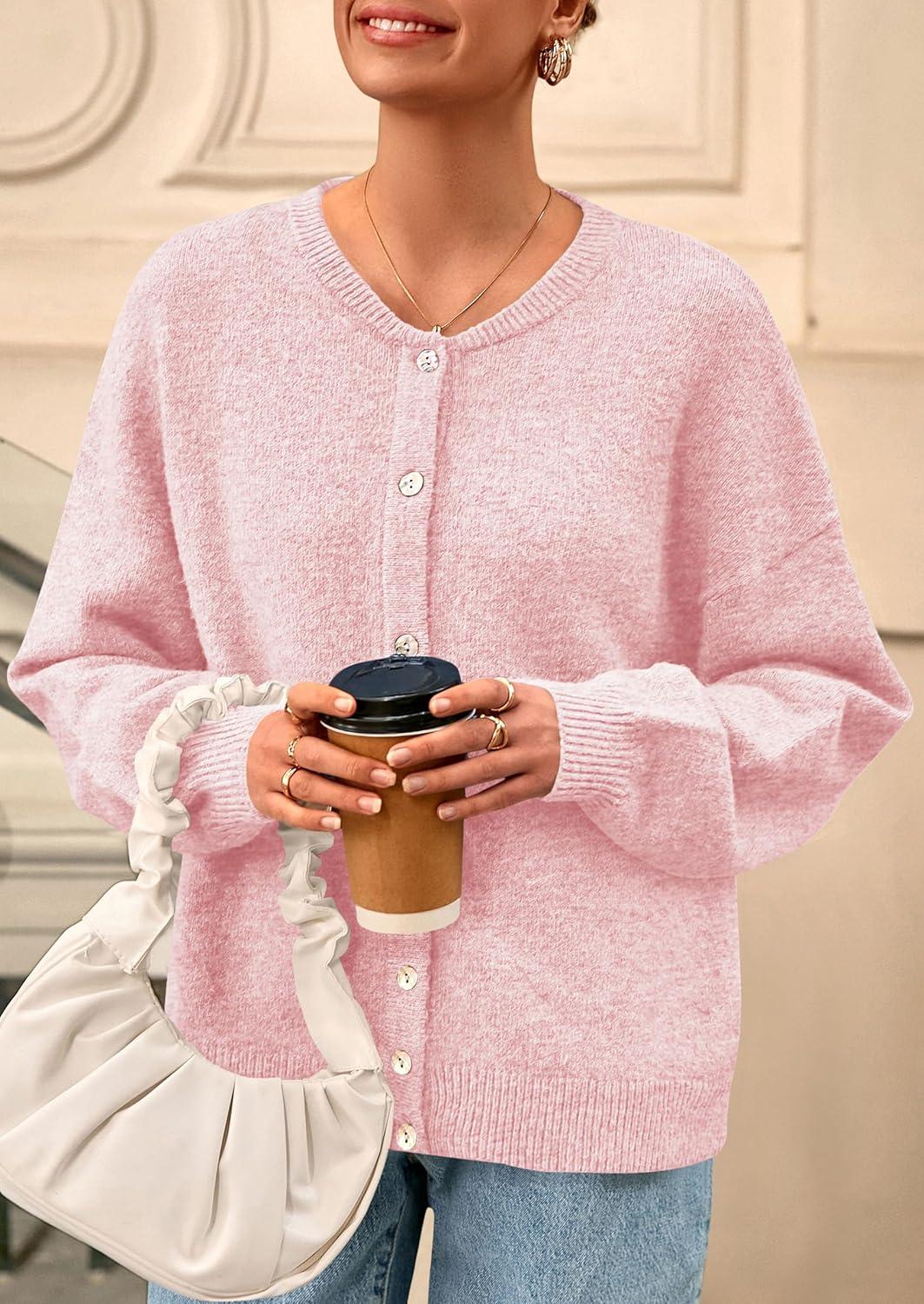 imagePRETTYGARDEN Fall Long Sleeve Cardigans for Women Trendy 2025 Lightweight Button Down Crewneck Loose Knit Sweater ClothesPink