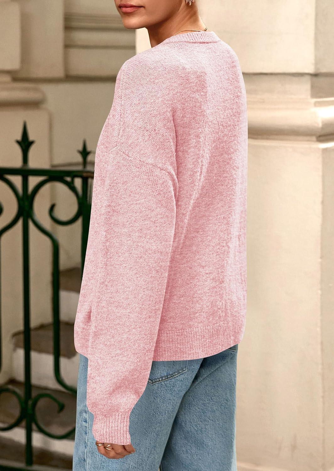 imagePRETTYGARDEN Fall Long Sleeve Cardigans for Women Trendy 2025 Lightweight Button Down Crewneck Loose Knit Sweater ClothesPink