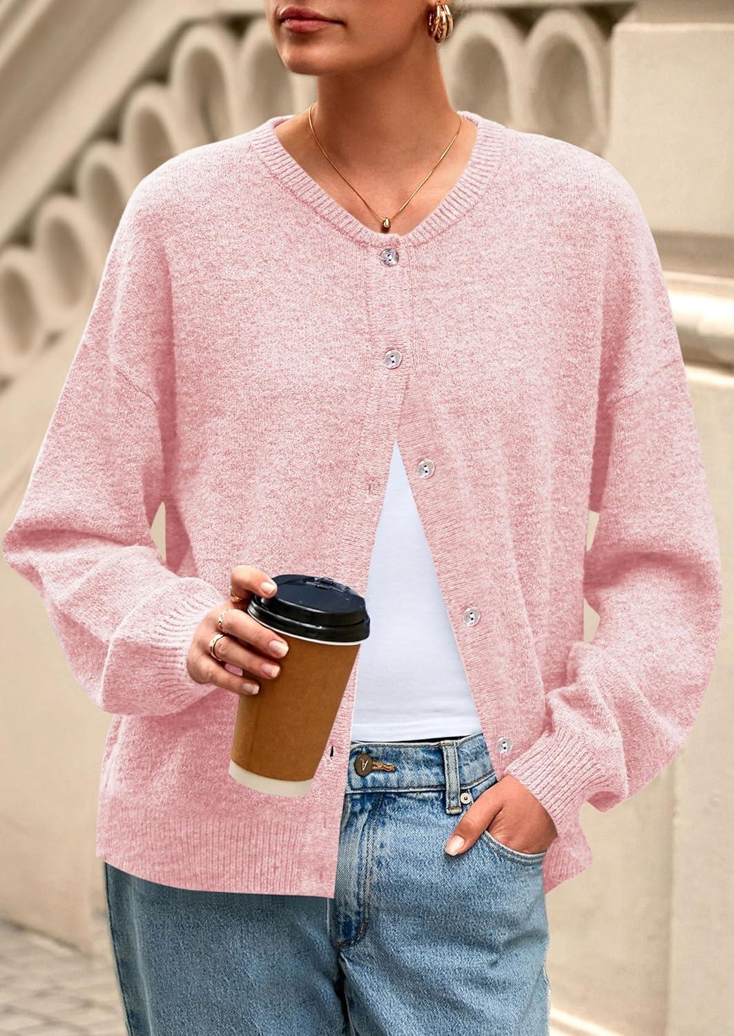 imagePRETTYGARDEN Fall Long Sleeve Cardigans for Women Trendy 2025 Lightweight Button Down Crewneck Loose Knit Sweater ClothesPink