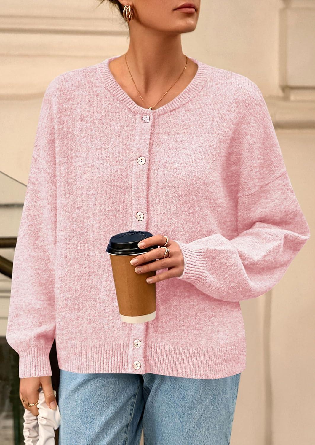 imagePRETTYGARDEN Fall Long Sleeve Cardigans for Women Trendy 2025 Lightweight Button Down Crewneck Loose Knit Sweater ClothesPink