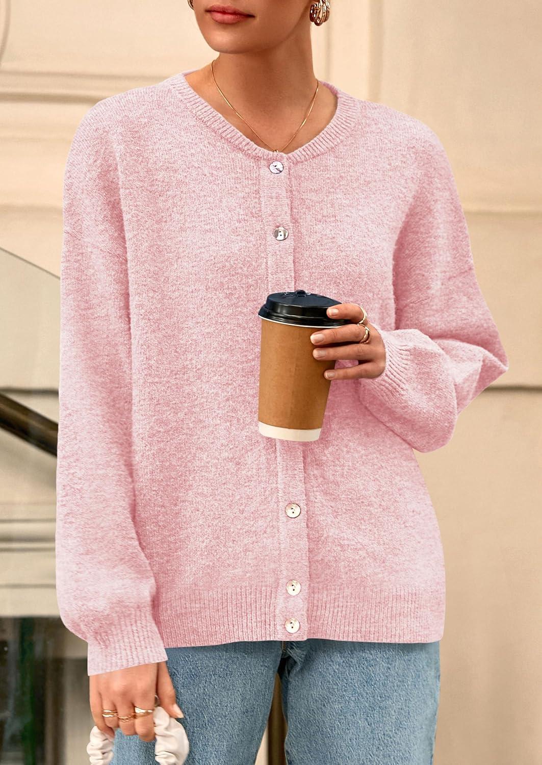 imagePRETTYGARDEN Fall Long Sleeve Cardigans for Women Trendy 2025 Lightweight Button Down Crewneck Loose Knit Sweater ClothesPink