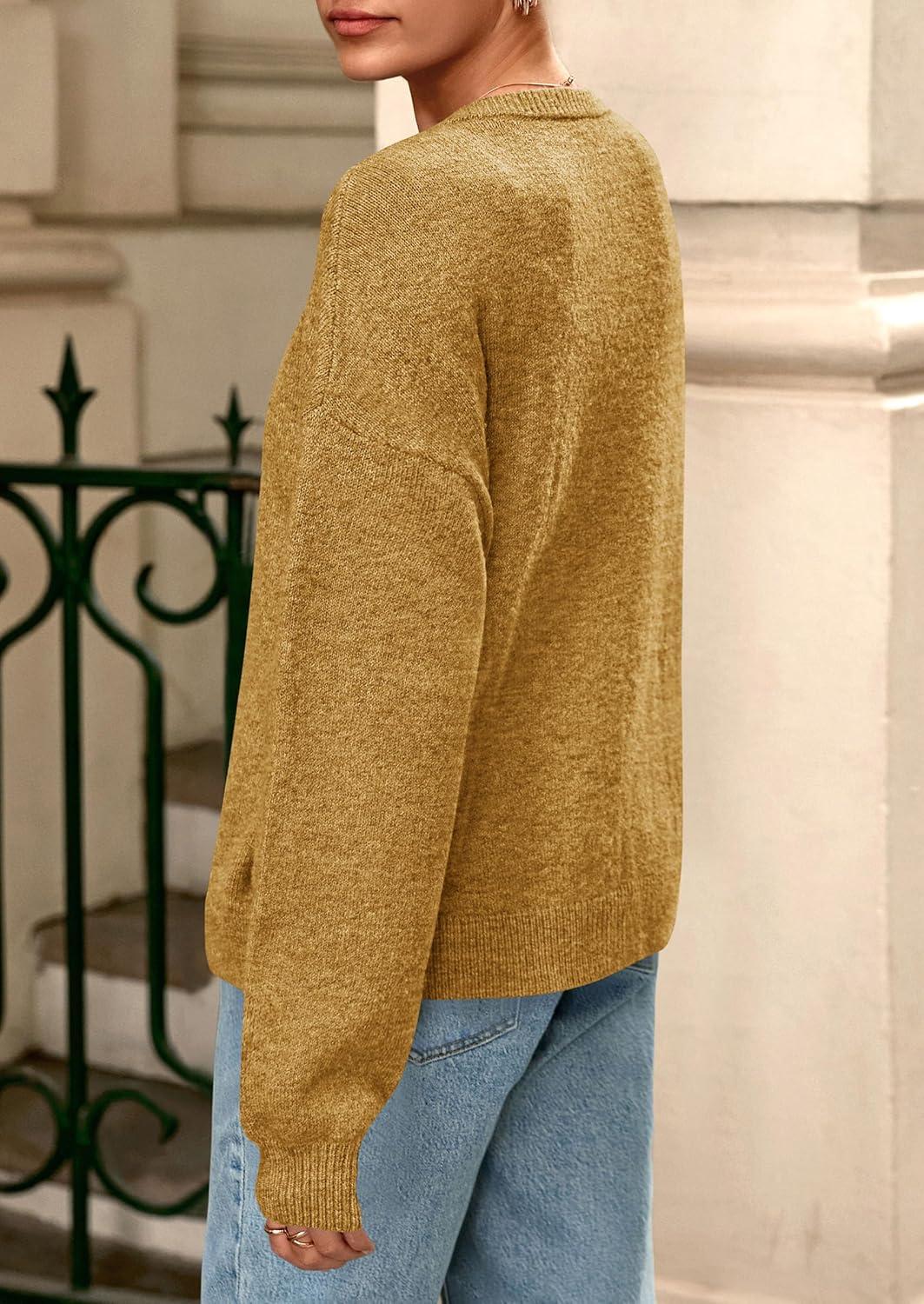 imagePRETTYGARDEN Fall Long Sleeve Cardigans for Women Trendy 2025 Lightweight Button Down Crewneck Loose Knit Sweater ClothesYellow