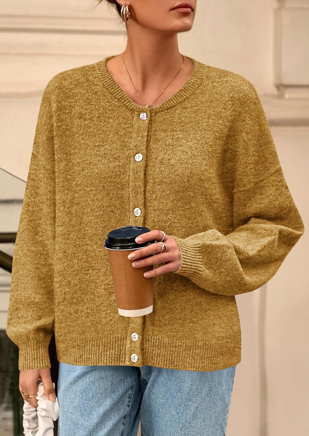 imagePRETTYGARDEN Fall Long Sleeve Cardigans for Women Trendy 2025 Lightweight Button Down Crewneck Loose Knit Sweater ClothesYellow