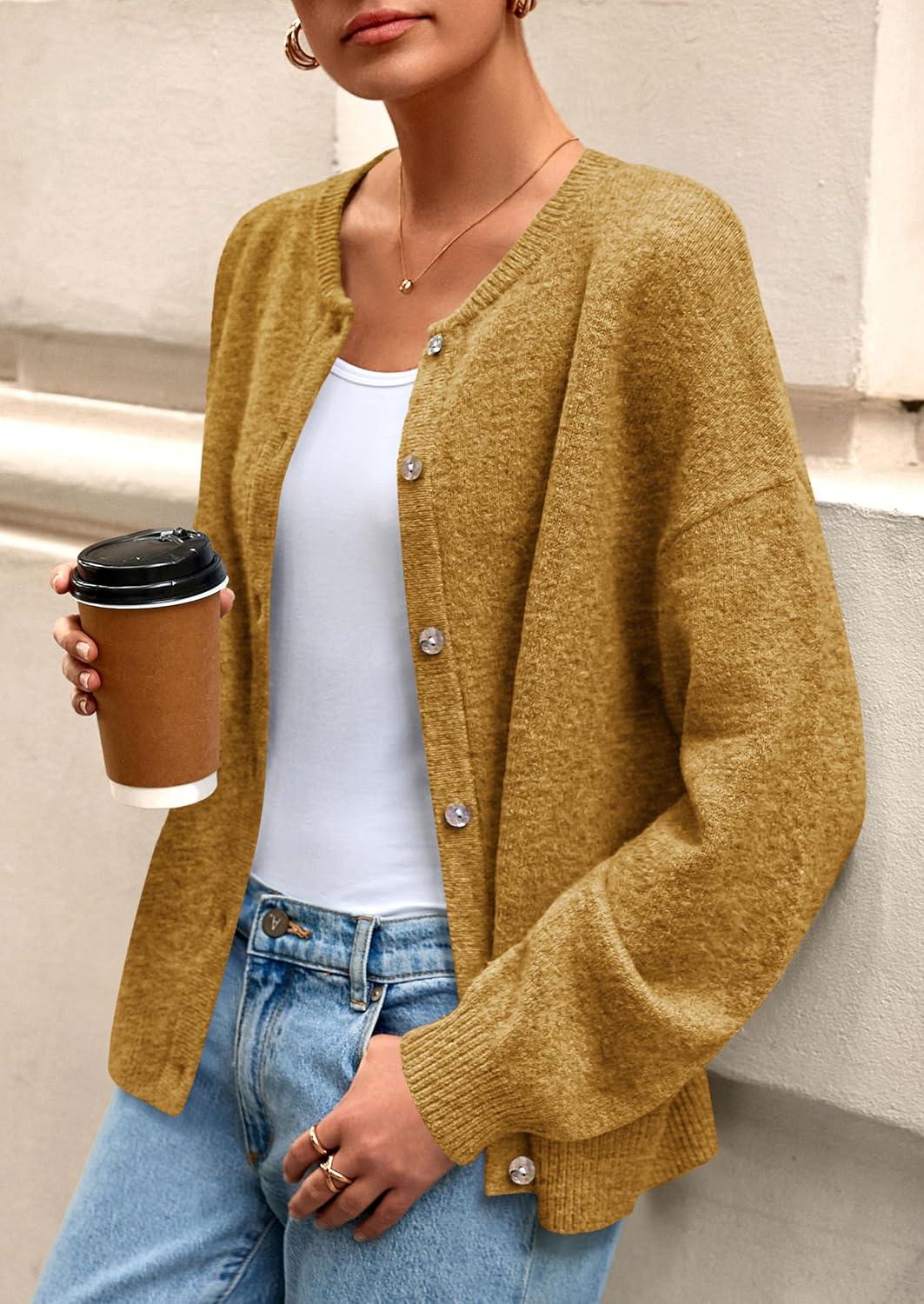 imagePRETTYGARDEN Fall Long Sleeve Cardigans for Women Trendy 2025 Lightweight Button Down Crewneck Loose Knit Sweater ClothesYellow