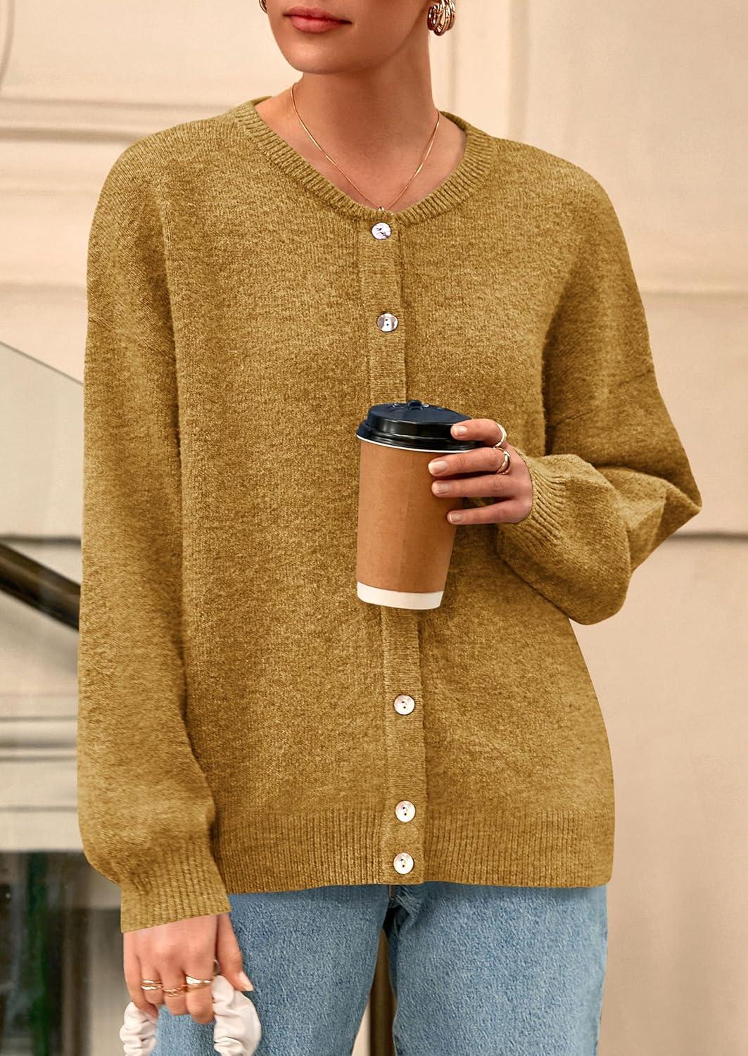 imagePRETTYGARDEN Fall Long Sleeve Cardigans for Women Trendy 2025 Lightweight Button Down Crewneck Loose Knit Sweater ClothesYellow