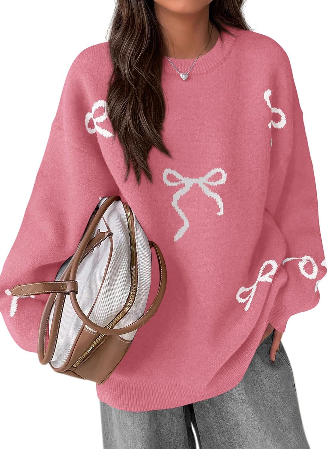 imagePRETTYGARDEN Fall Long Sleeve Pullover Sweaters for Women 2025 Trendy Crewneck Casual Cute Bow Chunky Knit Oversized SweaterDusty Pink