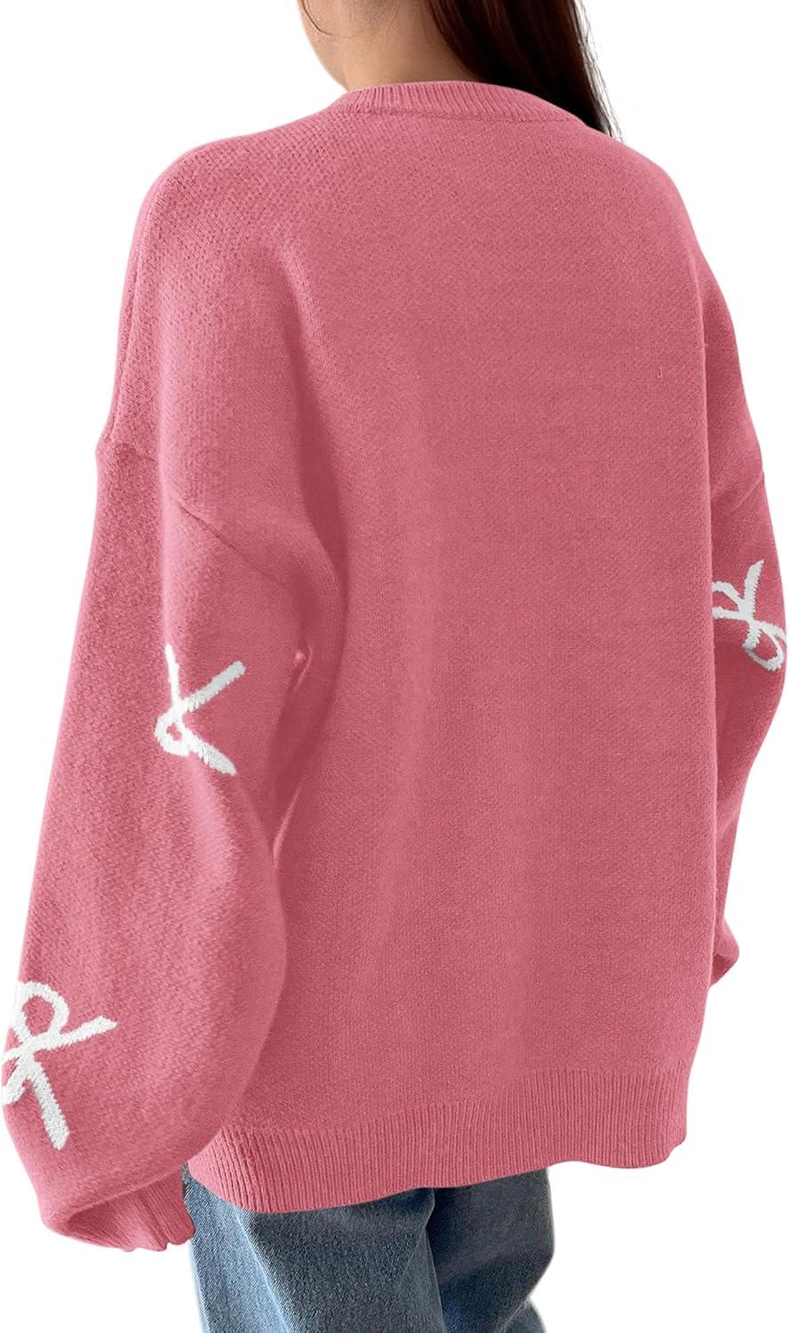 imagePRETTYGARDEN Fall Long Sleeve Pullover Sweaters for Women 2025 Trendy Crewneck Casual Cute Bow Chunky Knit Oversized SweaterDusty Pink