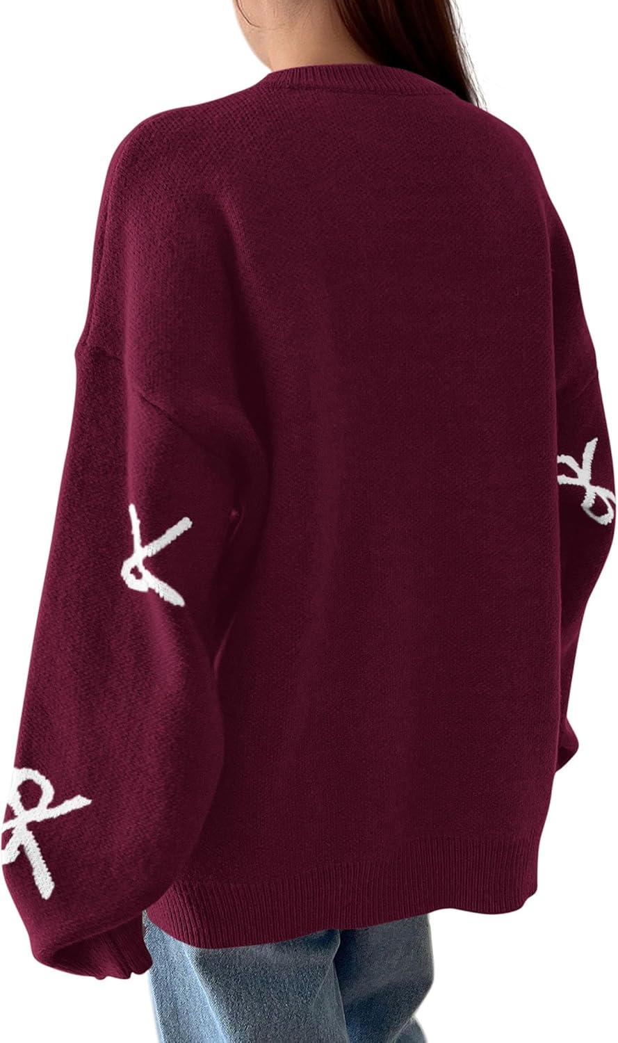 imagePRETTYGARDEN Fall Long Sleeve Pullover Sweaters for Women 2025 Trendy Crewneck Casual Cute Bow Chunky Knit Oversized SweaterWine Red