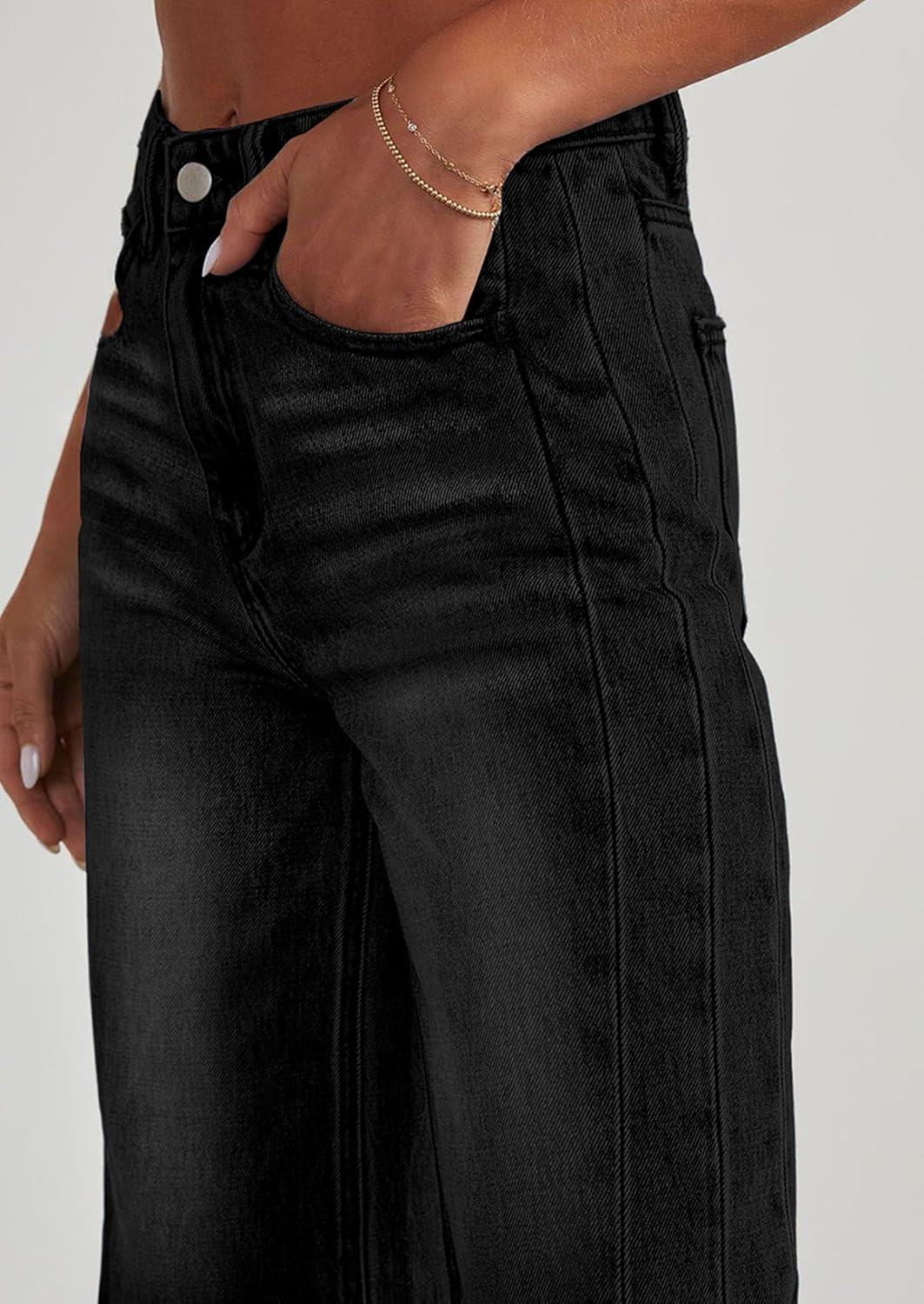 imagePRETTYGARDEN Wide Leg Jeans for Women Trendy High Waisted Stretchy Baggy Raw Hem Denim Palazzo Pants 2025 Fall ClothesBlack