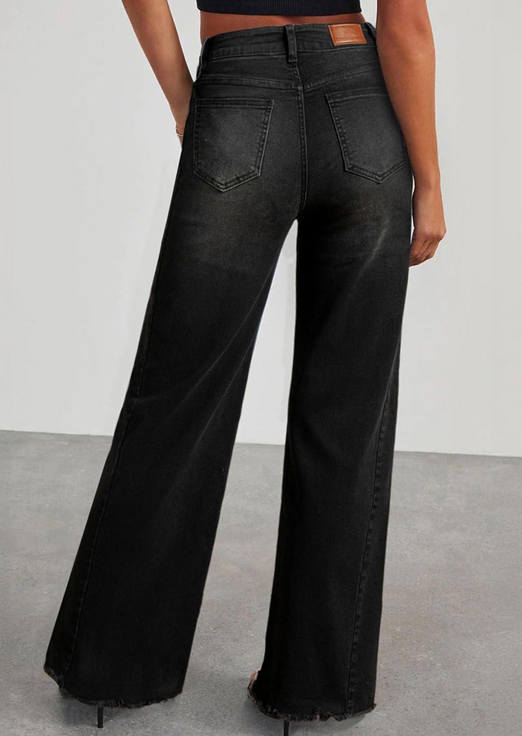 imagePRETTYGARDEN Wide Leg Jeans for Women Trendy High Waisted Stretchy Baggy Raw Hem Denim Palazzo Pants 2025 Fall ClothesBlack