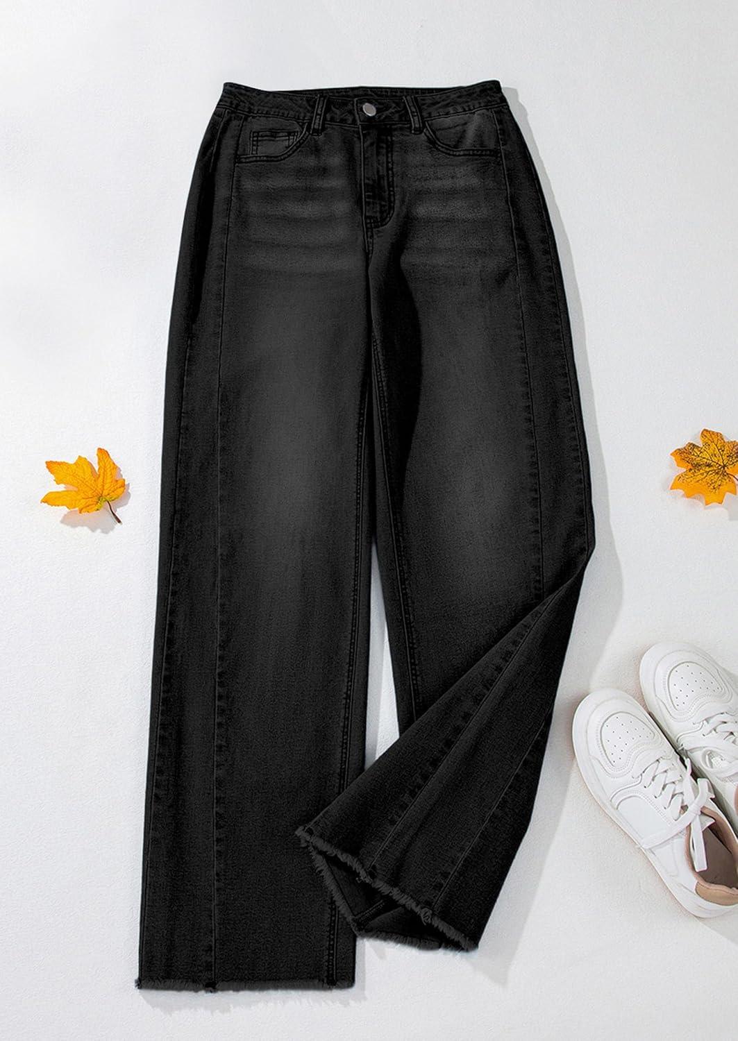 imagePRETTYGARDEN Wide Leg Jeans for Women Trendy High Waisted Stretchy Baggy Raw Hem Denim Palazzo Pants 2025 Fall ClothesBlack