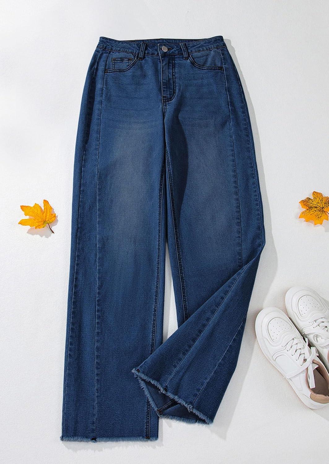 imagePRETTYGARDEN Wide Leg Jeans for Women Trendy High Waisted Stretchy Baggy Raw Hem Denim Palazzo Pants 2025 Fall ClothesBluing