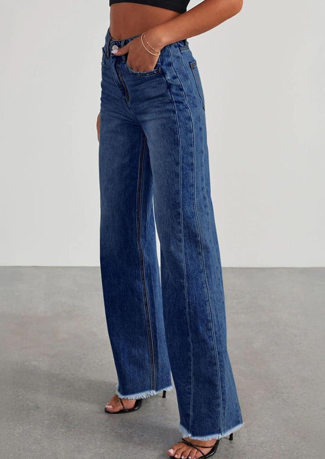 imagePRETTYGARDEN Wide Leg Jeans for Women Trendy High Waisted Stretchy Baggy Raw Hem Denim Palazzo Pants 2025 Fall ClothesBluing