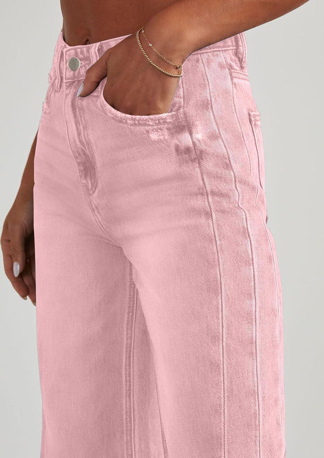 imagePRETTYGARDEN Wide Leg Jeans for Women Trendy High Waisted Stretchy Baggy Raw Hem Denim Palazzo Pants 2025 Fall ClothesPink