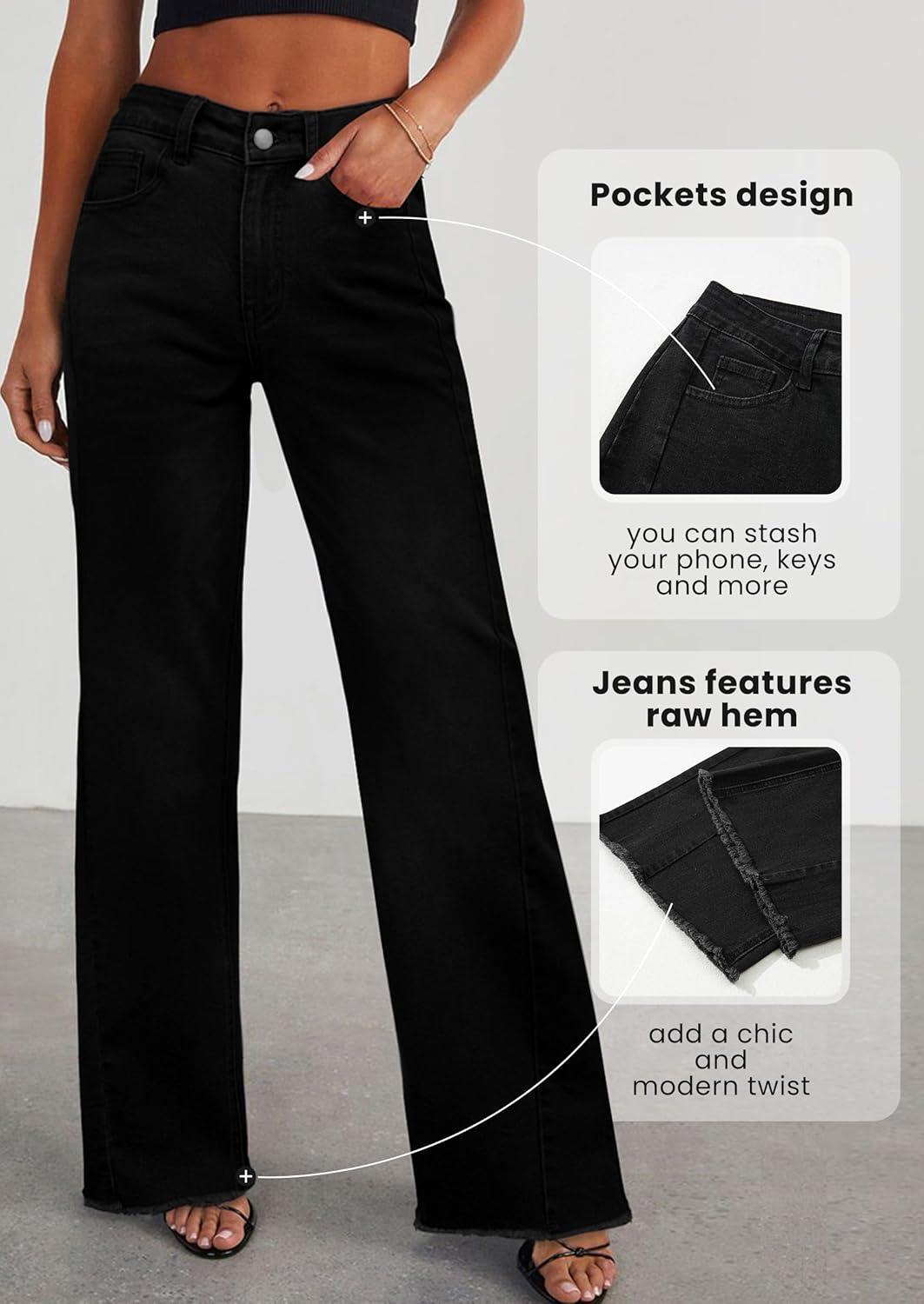 imagePRETTYGARDEN Wide Leg Jeans for Women Trendy High Waisted Stretchy Baggy Raw Hem Denim Palazzo Pants 2025 Fall ClothesSolid Black