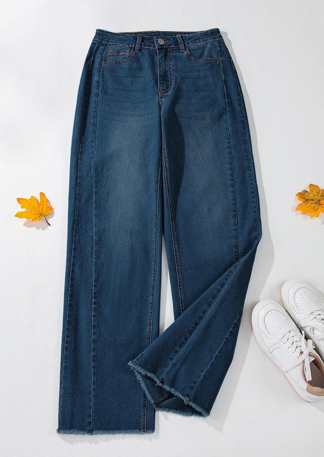 imagePRETTYGARDEN Wide Leg Jeans for Women Trendy High Waisted Stretchy Baggy Raw Hem Denim Palazzo Pants 2025 Fall ClothesVintage Blue