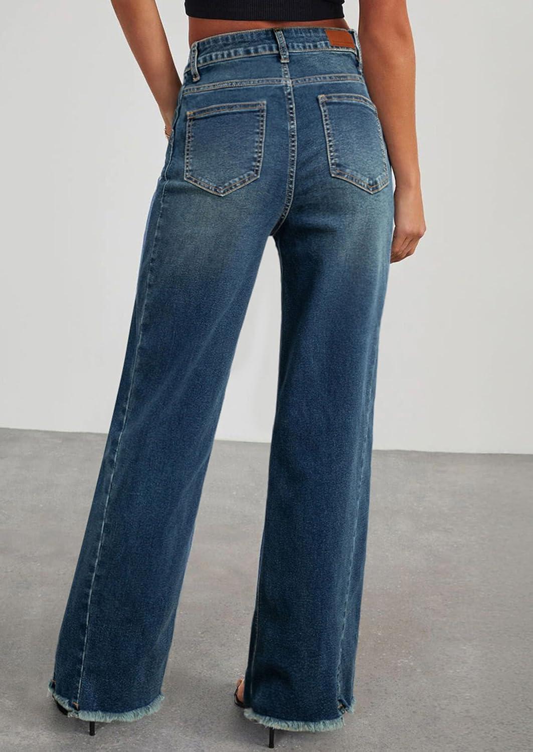 imagePRETTYGARDEN Wide Leg Jeans for Women Trendy High Waisted Stretchy Baggy Raw Hem Denim Palazzo Pants 2025 Fall ClothesVintage Blue