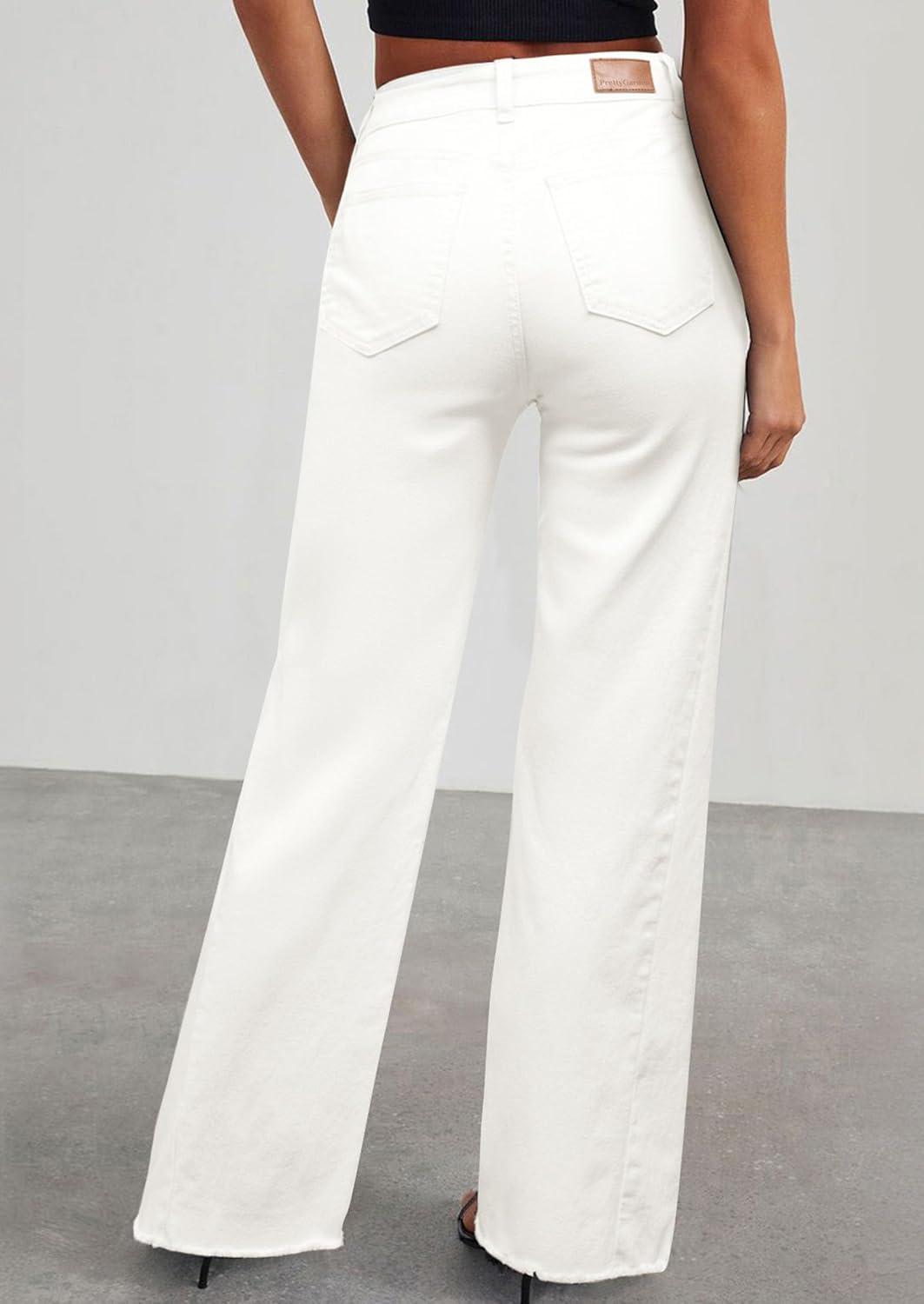 imagePRETTYGARDEN Wide Leg Jeans for Women Trendy High Waisted Stretchy Baggy Raw Hem Denim Palazzo Pants 2025 Fall ClothesWhite