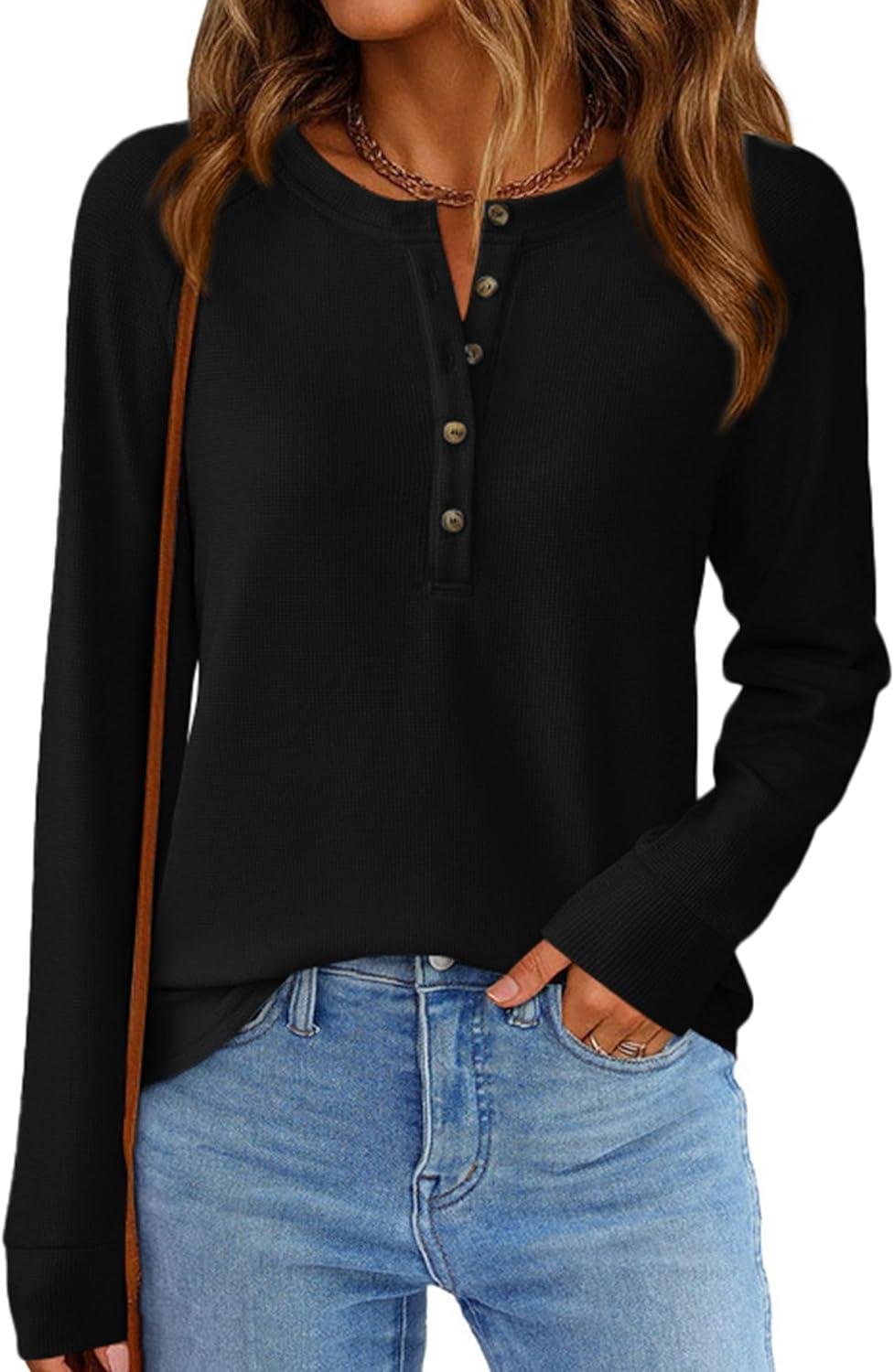 imagePRETTYGARDEN Women Long Sleeve Waffle Knit Shirts 2025 Fall Casual Button V Neck Loose Henley Tops Basic Tees Winter ClothesBlack