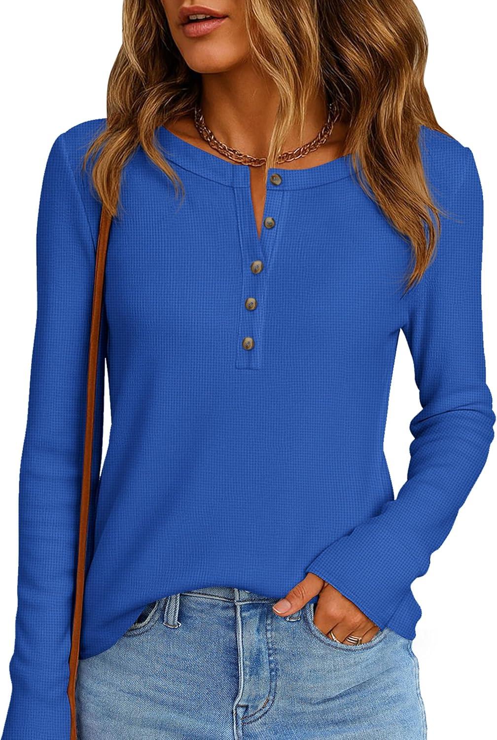 imagePRETTYGARDEN Women Long Sleeve Waffle Knit Shirts 2025 Fall Casual Button V Neck Loose Henley Tops Basic Tees Winter ClothesBlue