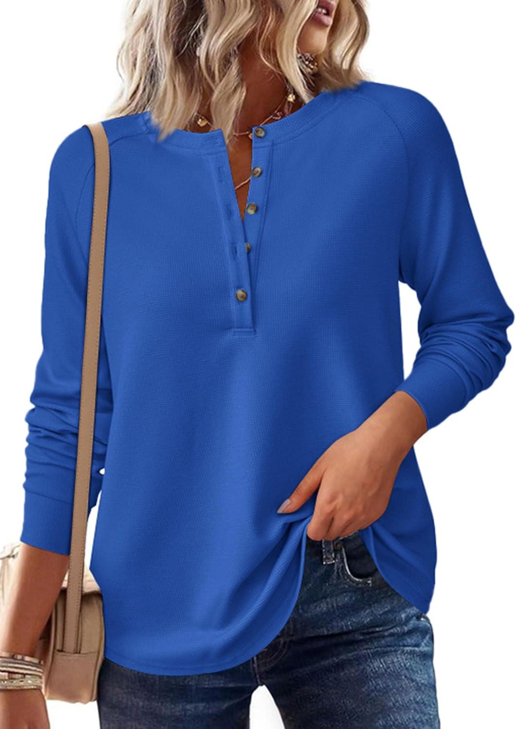 imagePRETTYGARDEN Women Long Sleeve Waffle Knit Shirts 2025 Fall Casual Button V Neck Loose Henley Tops Basic Tees Winter ClothesBlue