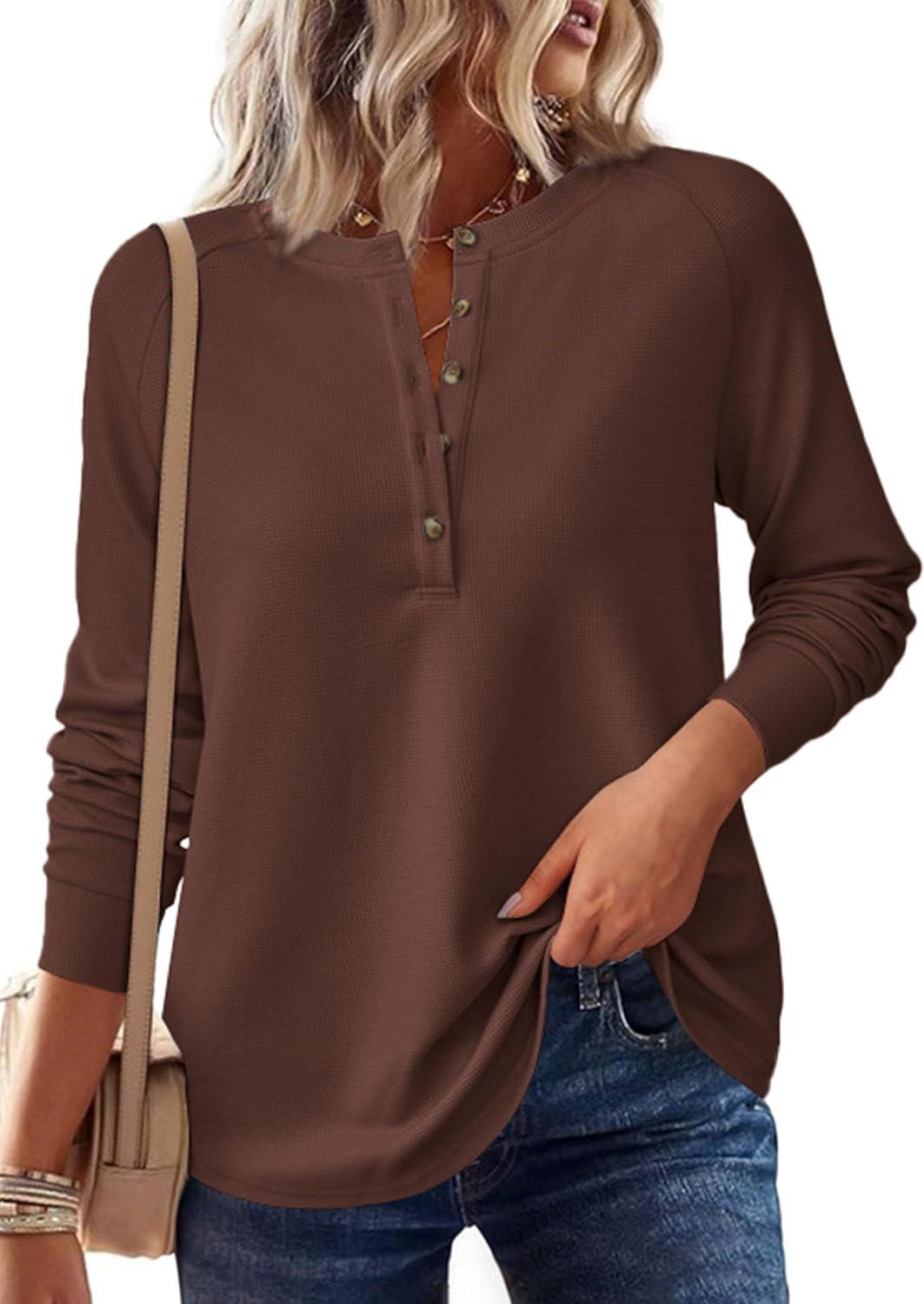 imagePRETTYGARDEN Women Long Sleeve Waffle Knit Shirts 2025 Fall Casual Button V Neck Loose Henley Tops Basic Tees Winter ClothesBrown