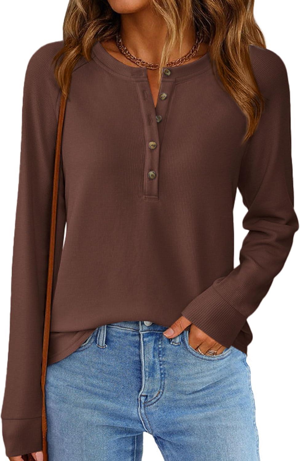 imagePRETTYGARDEN Women Long Sleeve Waffle Knit Shirts 2025 Fall Casual Button V Neck Loose Henley Tops Basic Tees Winter ClothesBrown