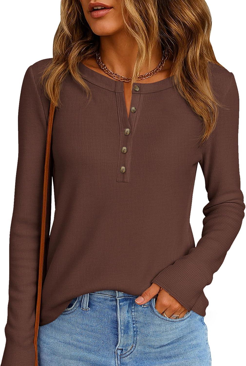 imagePRETTYGARDEN Women Long Sleeve Waffle Knit Shirts 2025 Fall Casual Button V Neck Loose Henley Tops Basic Tees Winter ClothesBrown