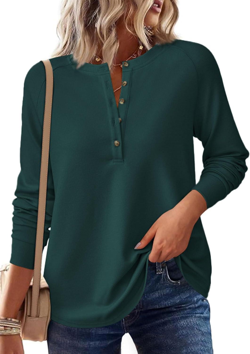imagePRETTYGARDEN Women Long Sleeve Waffle Knit Shirts 2025 Fall Casual Button V Neck Loose Henley Tops Basic Tees Winter ClothesDark Green