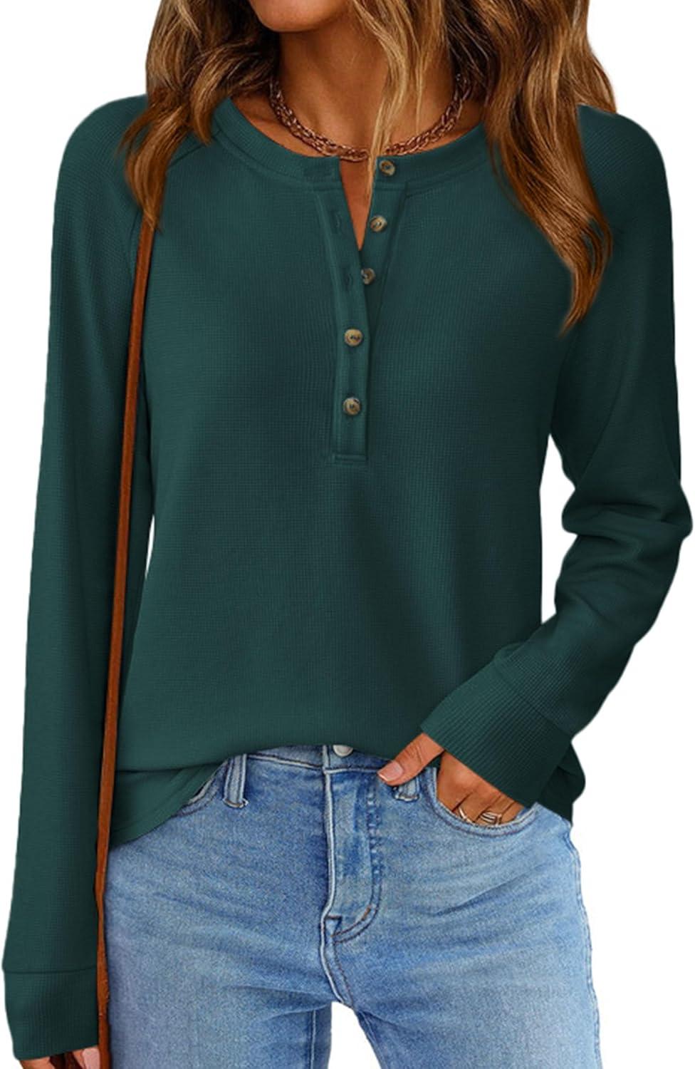 imagePRETTYGARDEN Women Long Sleeve Waffle Knit Shirts 2025 Fall Casual Button V Neck Loose Henley Tops Basic Tees Winter ClothesDark Green