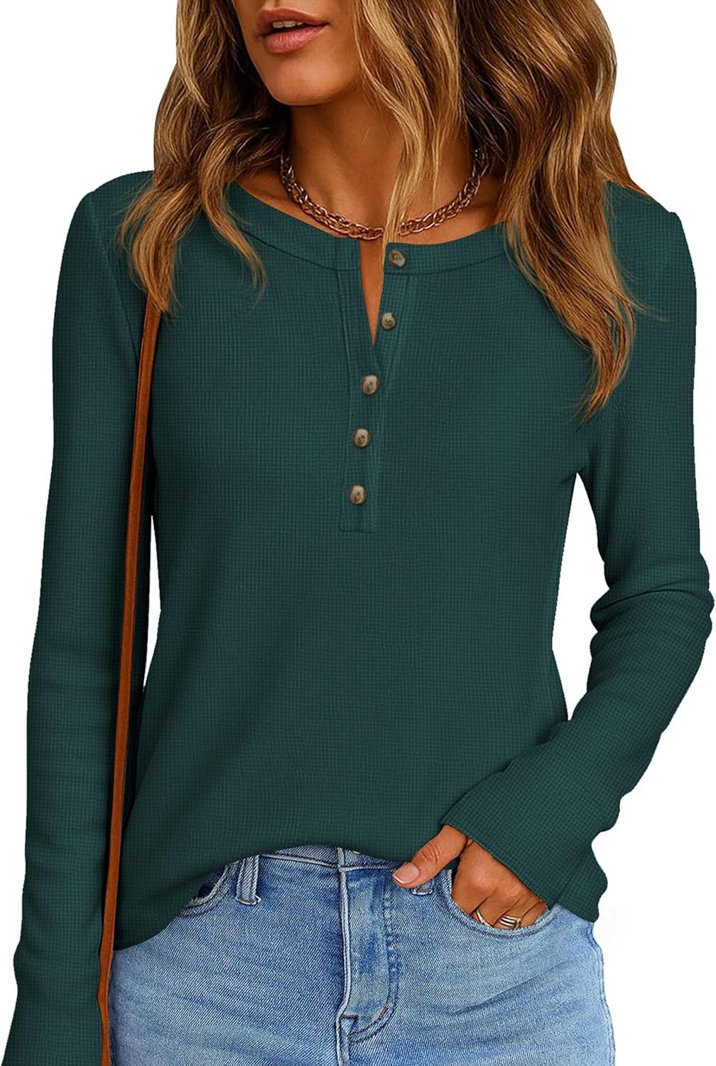 imagePRETTYGARDEN Women Long Sleeve Waffle Knit Shirts 2025 Fall Casual Button V Neck Loose Henley Tops Basic Tees Winter ClothesDark Green