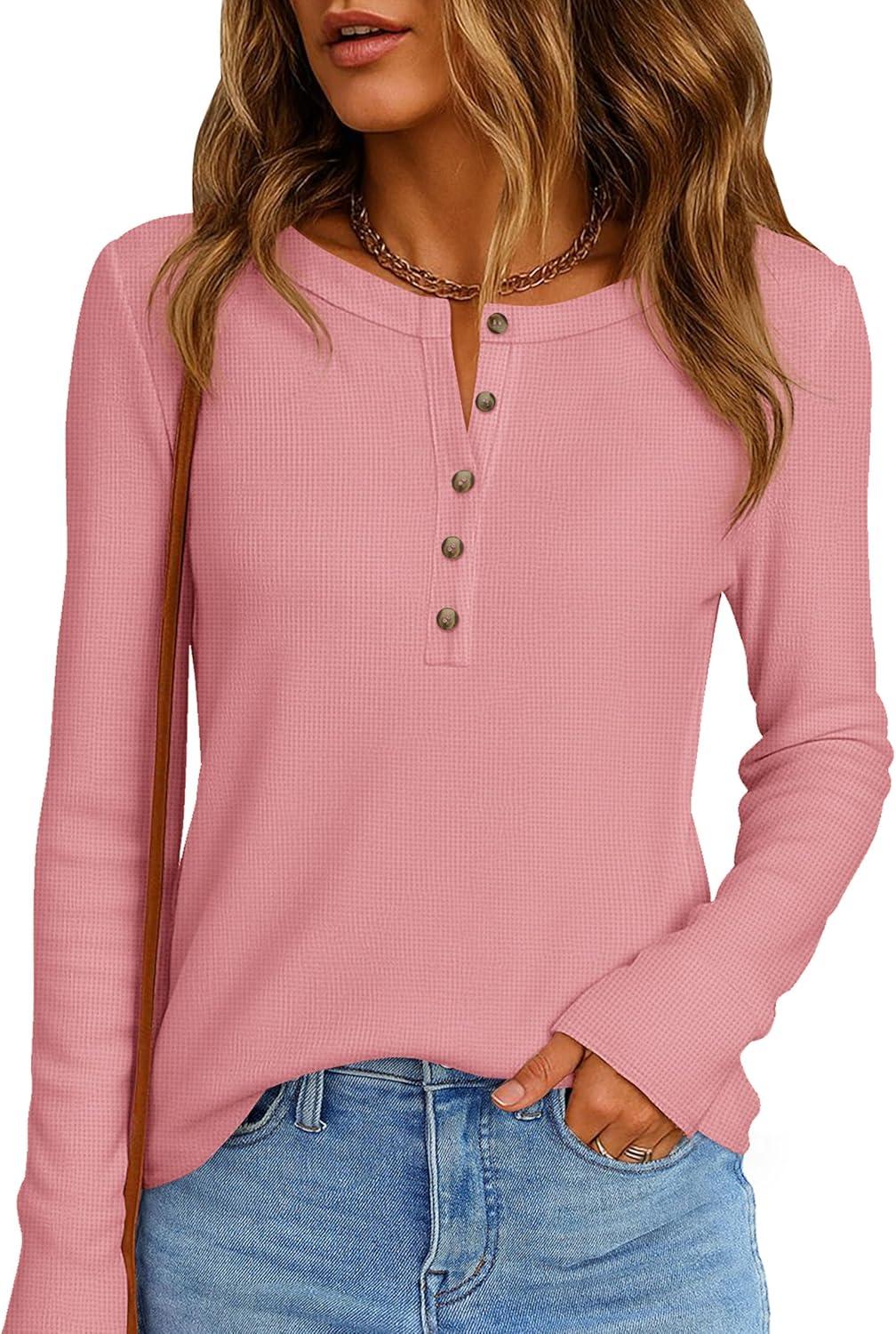 imagePRETTYGARDEN Women Long Sleeve Waffle Knit Shirts 2025 Fall Casual Button V Neck Loose Henley Tops Basic Tees Winter ClothesPink