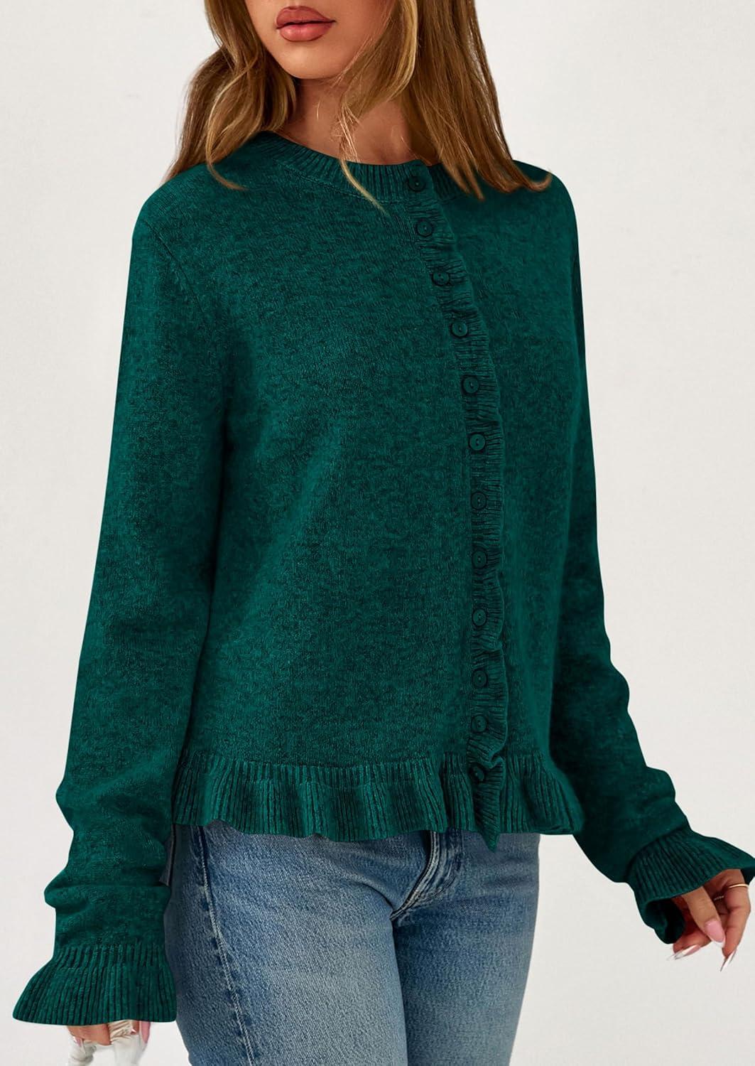 imagePRETTYGARDEN Womens Fall Button Down Cardigans Chunky Knit Ruffle Open Front Cropped Cardigan Sweaters Soft Long Sleeve TopsDark Green