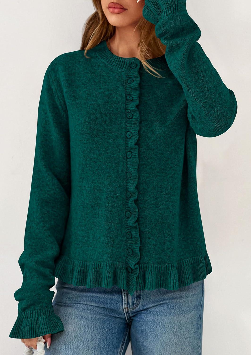imagePRETTYGARDEN Womens Fall Button Down Cardigans Chunky Knit Ruffle Open Front Cropped Cardigan Sweaters Soft Long Sleeve TopsDark Green