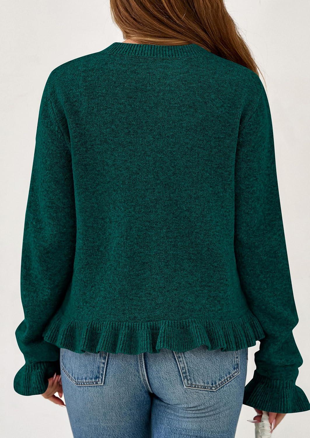 imagePRETTYGARDEN Womens Fall Button Down Cardigans Chunky Knit Ruffle Open Front Cropped Cardigan Sweaters Soft Long Sleeve TopsDark Green