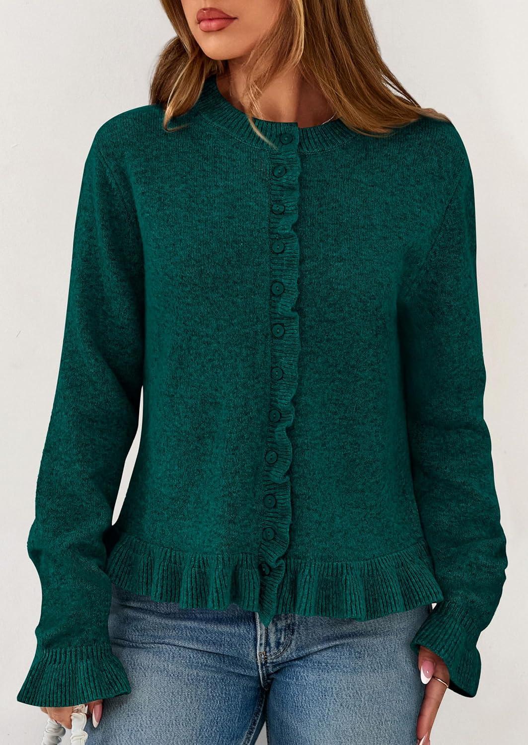 imagePRETTYGARDEN Womens Fall Button Down Cardigans Chunky Knit Ruffle Open Front Cropped Cardigan Sweaters Soft Long Sleeve TopsDark Green