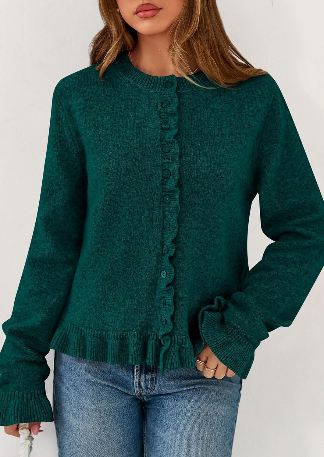imagePRETTYGARDEN Womens Fall Button Down Cardigans Chunky Knit Ruffle Open Front Cropped Cardigan Sweaters Soft Long Sleeve TopsDark Green