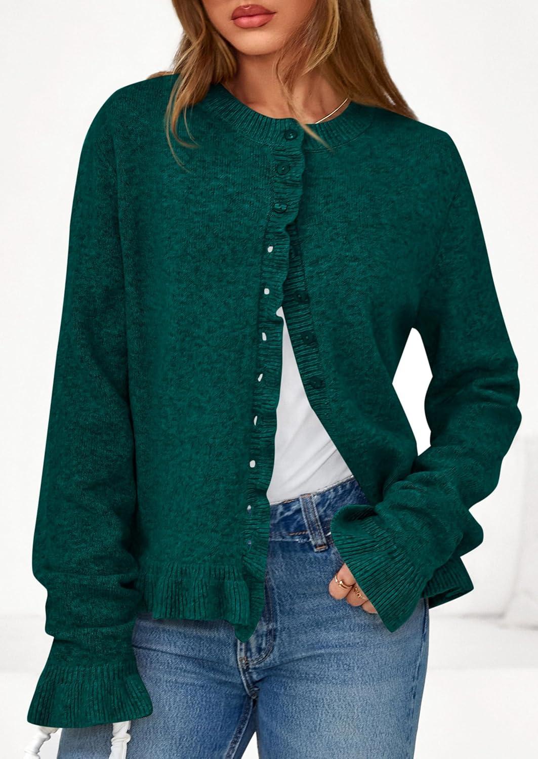 imagePRETTYGARDEN Womens Fall Button Down Cardigans Chunky Knit Ruffle Open Front Cropped Cardigan Sweaters Soft Long Sleeve TopsDark Green