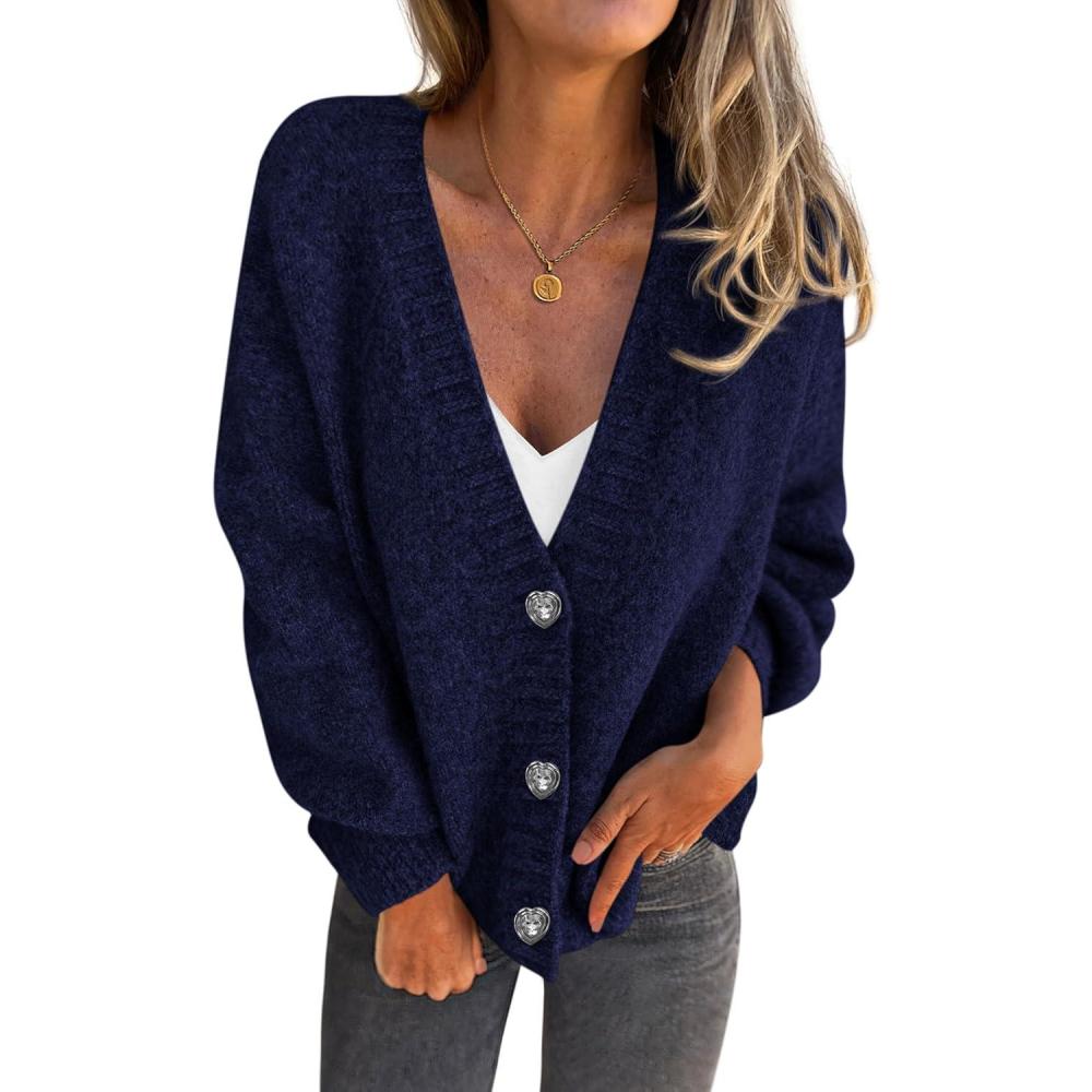 imagePRETTYGARDEN Cardigan Sweaters for Women Trendy Fall 2025 Long Sleeve Button Down Oversized Chunky Knit Sweater OuterwearRoyal Blue