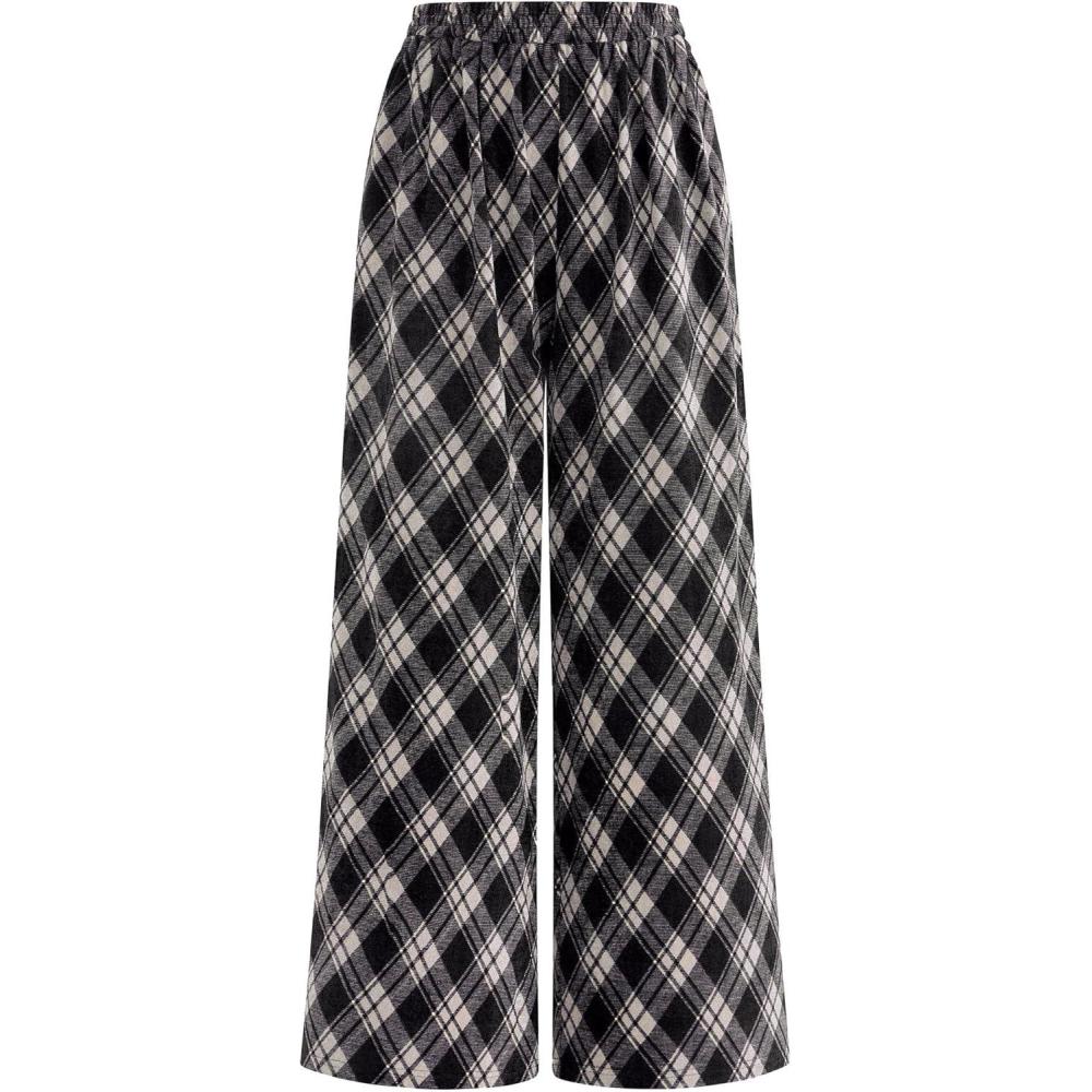 imagePRETTYGARDEN Casual Womens Pants 2025 Elastic Waist Palazzo Long Pajama Wide Leg Trousers Knit Fall Outfits with PocketsBig Plaid Black