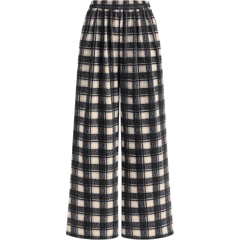 imagePRETTYGARDEN Casual Womens Pants 2025 Elastic Waist Palazzo Long Pajama Wide Leg Trousers Knit Fall Outfits with PocketsPlaid Black