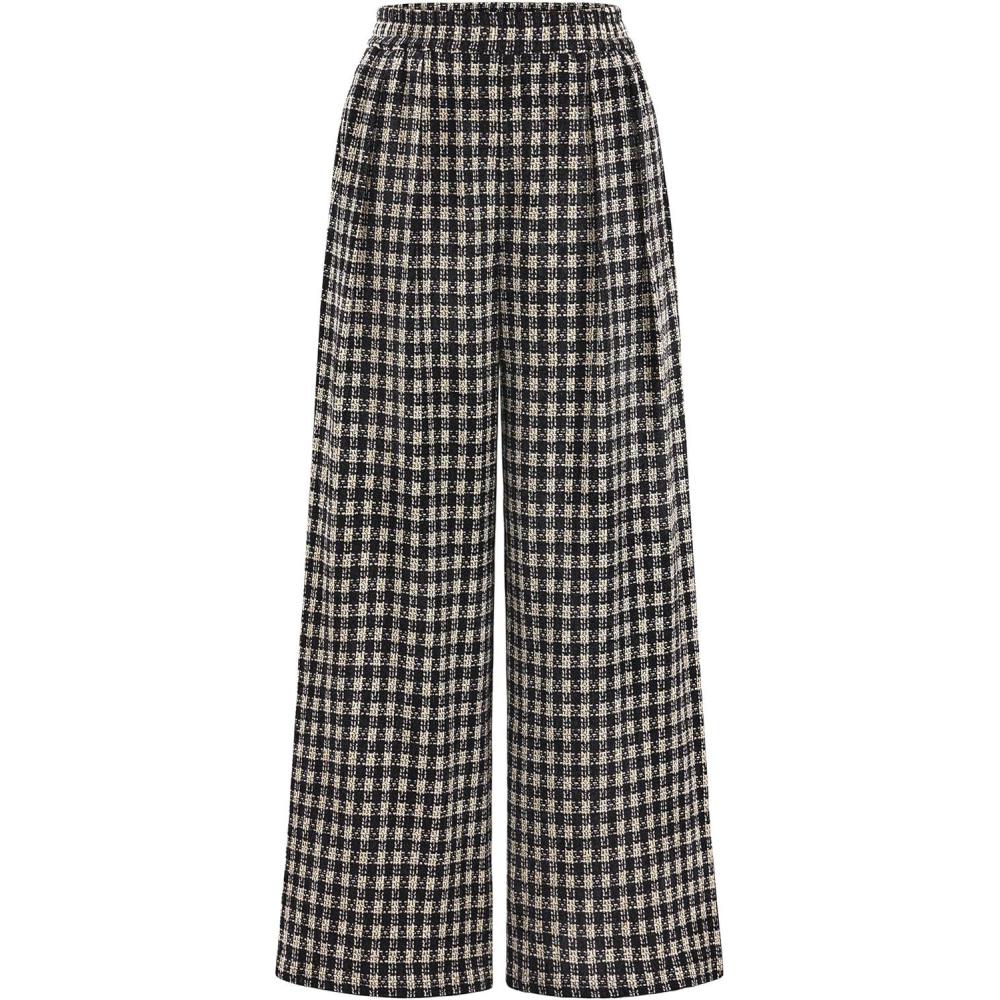 imagePRETTYGARDEN Casual Womens Pants 2025 Elastic Waist Palazzo Long Pajama Wide Leg Trousers Knit Fall Outfits with PocketsPlaid Black Apricot