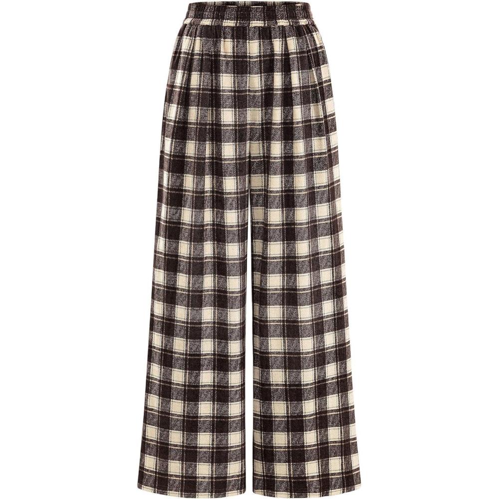 imagePRETTYGARDEN Casual Womens Pants 2025 Elastic Waist Palazzo Long Pajama Wide Leg Trousers Knit Fall Outfits with PocketsPlaid Brown