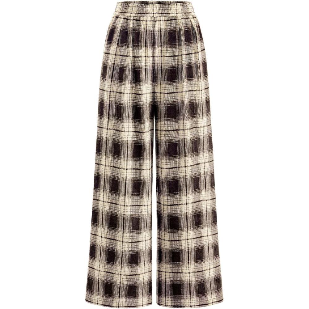 imagePRETTYGARDEN Casual Womens Pants 2025 Elastic Waist Palazzo Long Pajama Wide Leg Trousers Knit Fall Outfits with PocketsPlaid Brown Apricot