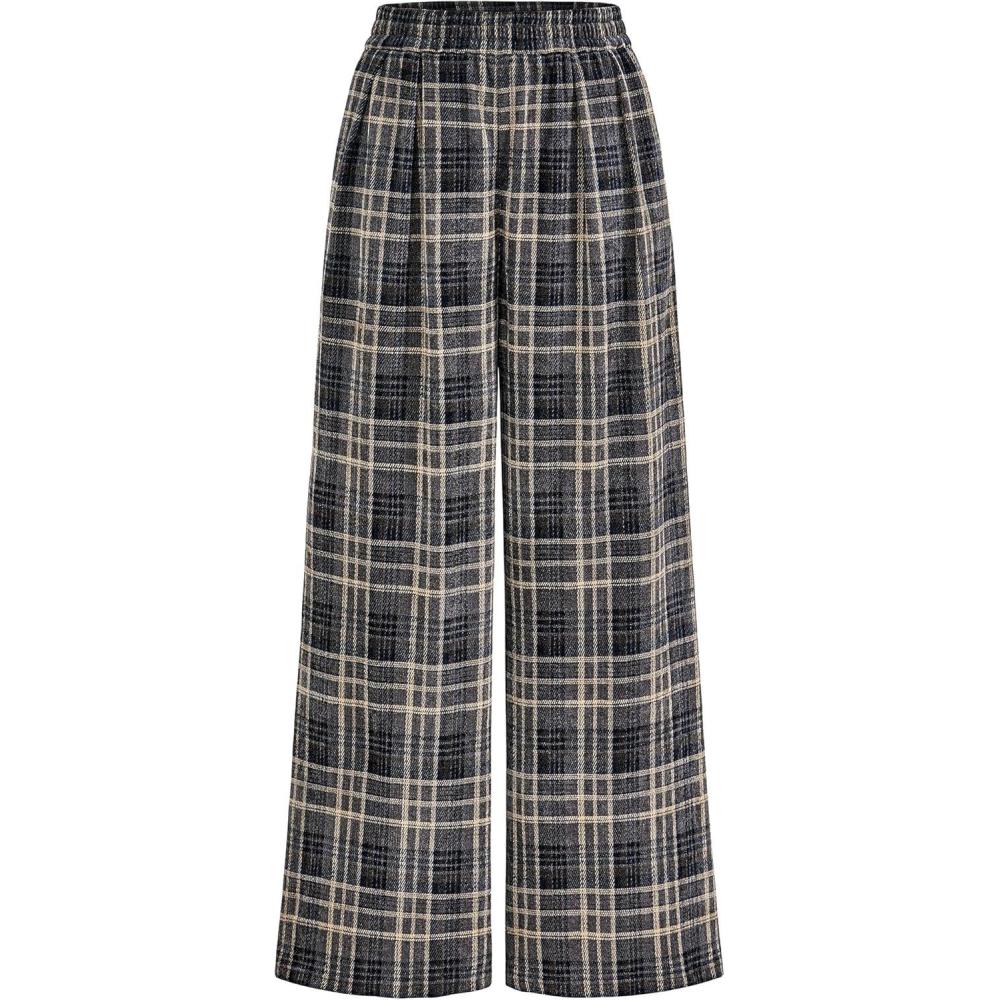 imagePRETTYGARDEN Casual Womens Pants 2025 Elastic Waist Palazzo Long Pajama Wide Leg Trousers Knit Fall Outfits with PocketsPlaid Navy