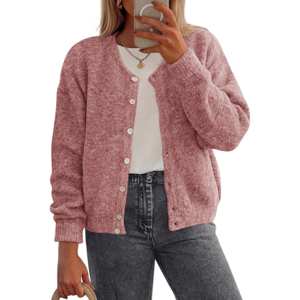 imagePRETTYGARDEN Fall Long Sleeve Cardigans for Women Trendy 2025 Lightweight Button Down Crewneck Loose Knit Sweater ClothesGrey Pink